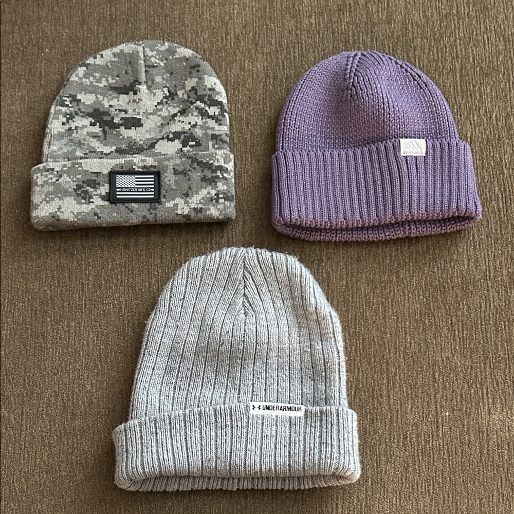 Under Armour Camo, Purple, and Gray Beanie Set
